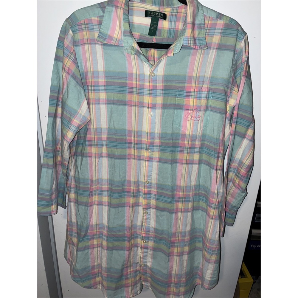 Ralph Lauren Women's Size Large Monogram Nightshirt Gown Plaid Long Sleeve Comfy